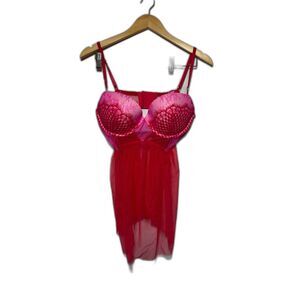 Victoria's secret Teddy Bra Women's Size 36D Pink Red Lace Valentine's Day NWOT